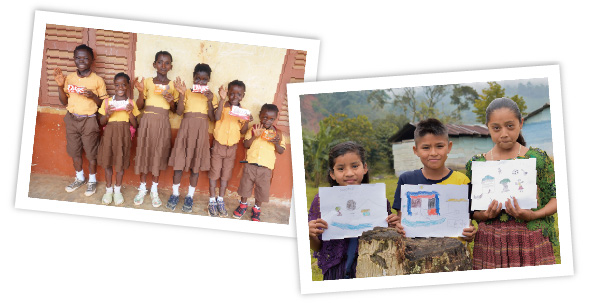 カカオの国の子どもたちがチョコレートなどを持って笑顔を見せる